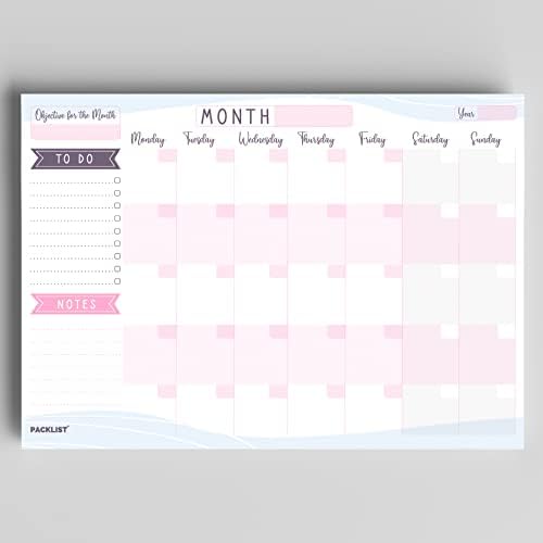 PACKLIST® Undated Monthly Planner Desk Pad (8.3x11.7 in) – Tear-Off Monthly Calendar Notepad – 100 GSM Paper Schedule Organizer with Objective for the Month, To-Do List & Notes for Office, Home, Study
