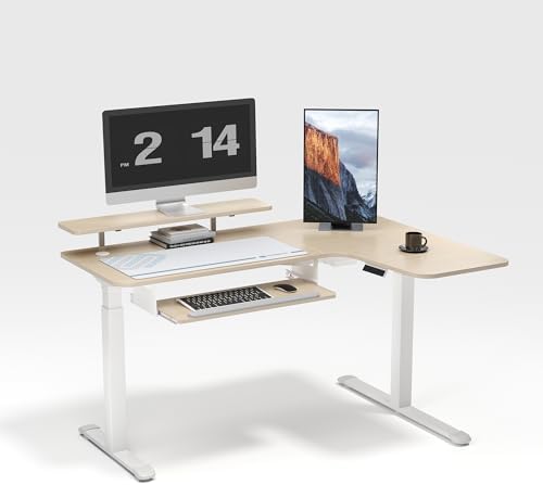 EUREKA ERGONOMIC 55 Inch L Shaped Electric Standing Desk, Height Adjustable Computer Gaming Desk with Keyboard Tray, Mouse Pad,Home Office Work,Maple Wood, Right Side