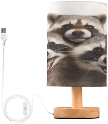 Bedside Lamp Raccoon Family Table Lamp for Bedroom LED Nightstand Lamp Shade USB Ports Wood Base for Living Room Dorm Office