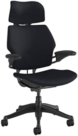 Humanscale Freedom Office Chair with Headrest - Ergonomic Work Chair with Standard Height Adjustable Duron Arms - Wheels for Hard Flooring - Graphite Frame with Navy Corde 4 Fabric