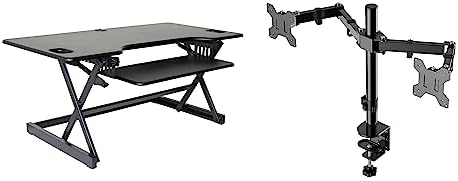 Rocelco 46" Large Height Adjustable Standing Desk Converter with Double Monitor Mount Arm BUNDLE - Quick Sit Stand Up Computer Workstation Riser - Retractable Keyboard Tray - Black (R DADRB-46-DM2)