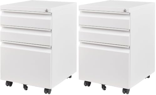 Letaya 3 Drawer Mobile File Cabinet with Lock, Under Desk Metal Filing Cabinets for Home Office Organizer Letters/Legal/A4(Fully Assembled-White) (Pack of 2)