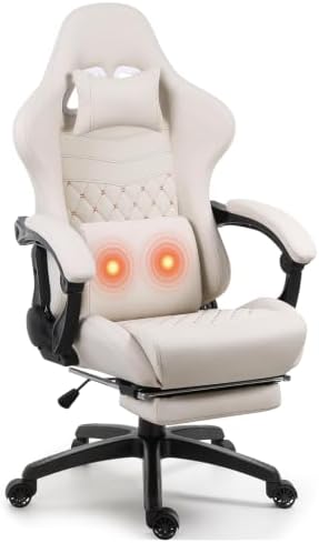 Gaming Chair with Massage and Footrest, Big and Tall Ergonomic High Back PU Leather Computer Office Chair for Heavy Adults, Supports 350LBS, Ivory