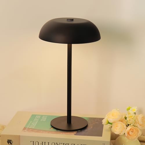 Cordless 11" Mushroom Table Lamp with Dimmable 3 Color, 5200mAh, Black