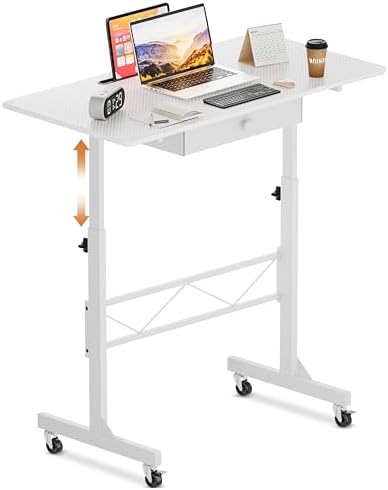COMHOMA Standing Desk Adjustable Height & Tiltable Tabletop, Portable Stand Up Desk for Laptop, Mobile Folding Desk for Home Office Work and Walking Pad Treadmill, Height 30.7"-46.4", White