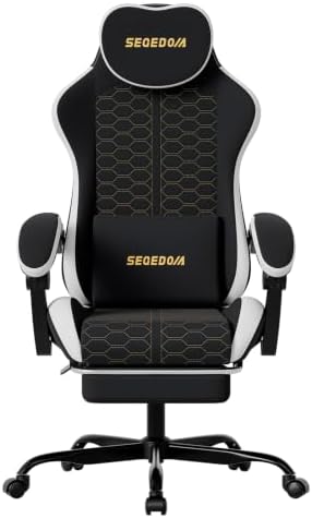 Honeycomb Embossed Gaming Chair with Footrest & Massage Lumbar Support, Adjustable Ergonomic Office Chair for Adults, 300 lbs (Black White)