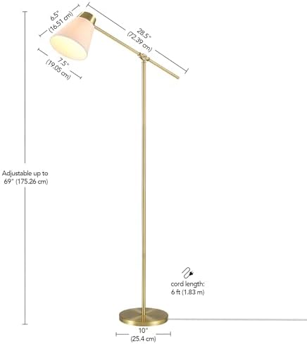 Globe Electric 69" Floor Lamp, Swing Arm, Matte Brass Plated, White Tapered Fabric Shade, On/Off Rotary Switch on Socket, 5-Foot Clear Cord, 1-Light, 40W E26/Medium Base Bulb