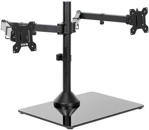 VIVO Freestanding Dual Ultrawide Monitor Stand with Sleek Glass Base and Adjustable Arms, 2 Screens up to 38 inches and 22 lbs Each, Black, STAND-V038FG