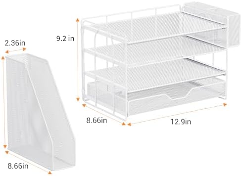4-Tier Desk File Organizer with Drawer & Pen Holder (White)