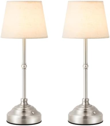 2 Pack Cordless Table Lamp, Rechargeable Desk Lamp with Fabric Shade, Battery Operated 3 Color Stepless Dimming, Small Touch Bedside Lamp Home Decor for Dining, Counter(Brushed Sliver)