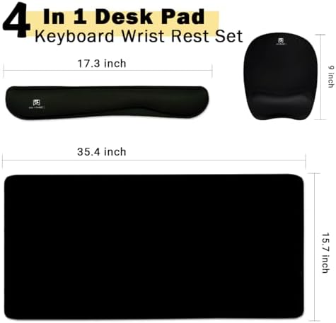Keyboard Wrist Rest Large Mouse Pad Wrist Support for Computer, 4 in 1 Memory Foam Keyboard Pad Desk Mat Ergonomic Hand Rest Wrist Cushion for Home Office Gaming-Black