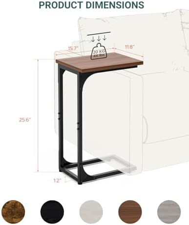 C-Shaped Side Table for Couch - Small Coffee Stand Sofa Tray Desk with Metal Frame and Waterproof Scratch Resistant, Modern End Accent for Living Room, Bedroom, Small Spaces, Rustic Walnut
