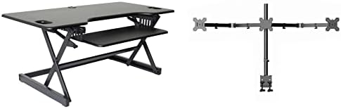 Rocelco 46" Large Height Adjustable Standing Desk Converter with Triple Monitor Mount BUNDLE - Quick Sit Stand Up Computer Workstation Riser - Retractable Keyboard Tray - Black (R DADRB-46-DM3)