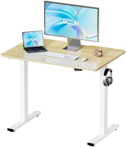 BIZUM 35.4" Small Electric Standing Desk Height Adjustable, Whole Piece Stand Up Computer Desk Work Study Writing Gaming Desks for Home Office Oak