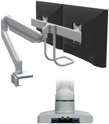 UPLIFT DESK Crestview Align Dual Monitor Arm - Gas Spring Monitor Mount with Adjustment Handle & USB Ports, 13-32” Inch Displays, VESA Compatible, Clamp or Grommet Mounting, Fits Standing Desks (Gray)