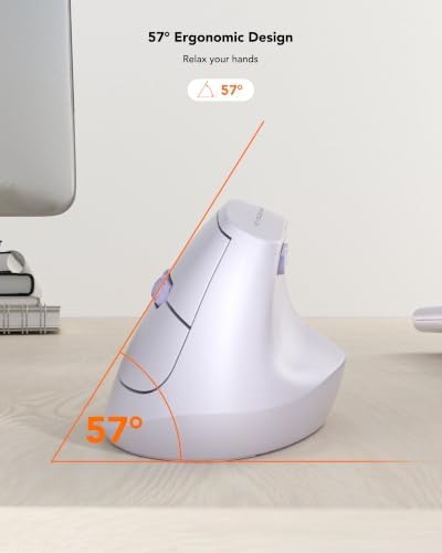 KYSONA EM18 Wireless Ergonomic Vertical Mouse, Ergo Design, Bluetooth Cordless Mouse for Medium/Large Hands, Silent Click, 5-Level Adjustable DPI, Carpal Tunnel Mice for Computer/PC/Mac/Laptop, Purple