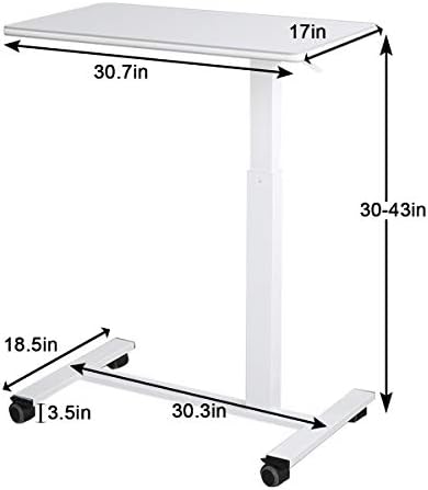 TigerDad Pneumatic Adjustable Overbed Table with Gas Spring Riser | Medical Adjustable Bed Side Table with Wheels | Portable Standing Desk for Laptop Computer with Large Work Space 30.7"x 17"