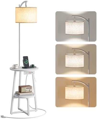 Yoobure Floor Lamp with Table - Farmhouse Night Stand with Charging Station