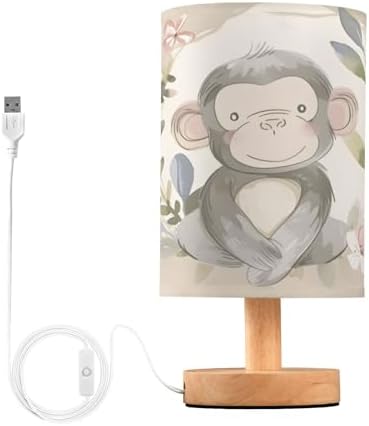Bedside Lamp Monkey Pink Flower Table Lamp for Bedroom LED Nightstand Lamp Shade USB Ports Wood Base for Living Room Dorm Office