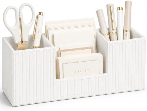 GORESE Pen Organizer for Desk, PU Leather Office Pen Holder, Ivory White