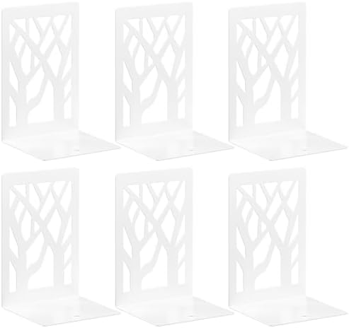 VFINE Withe Bookend 6-Piece, Tree Design Bookends for Shelves, Metal Book Ends for Desk, Decoration Stylish Bookshelf Bookends for Home Office School Supplies