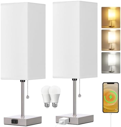18'' Table Lamp for Bedroom set of 2,3-Color Bedside Lamps with Pull Chain