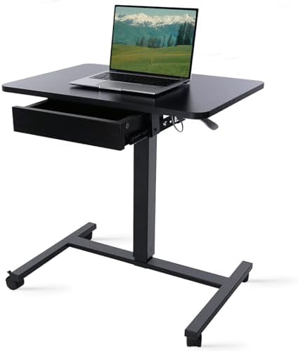 CLATINA Mobile Laptop Standing Desk, Height Adjustable Teacher Podium with Lockable Wheels, Adjustable Work Table with Drawer, Computer Cart Overbed Table for Home Office Classroom, Black
