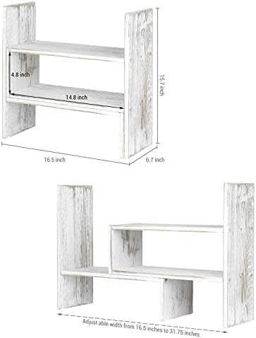 MyGift Adjustable Whitewashed Solid Wood Desktop Storage Organizer Display Shelf Book Rack, Office Desk Bookshelf