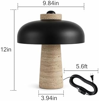 12" Natural Travertine Table Lamp with Black Metal Shade, Decorative Stone Bedside Lamp for Nightstand, Mid-Century Modern Minimalist Stone Desk Light for Small Spaces