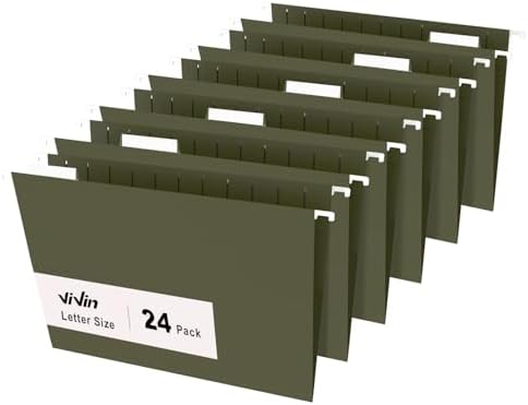ViVin Hanging File Folders, 1/5-Cut Adjustable Tabs with 24 Per Box, 24 Pack Letter Size Hanging File Folders, Designed for Office Home School Filing Cabinet(Green)