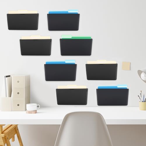 EASEPRES 8 Pack Black Plastic Single Pocket Hanging File Organizer, Wall Mount Paper Mails Magazines Holder, Mounted Folder Bins for Office School and Home, 12.99x4.13x7.48 inches