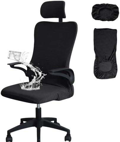 Black Ergonomic Office Chair Cover with Headrest Cover Water-Repellent Stretch 2-Piece Jacquard Office Desk Chair and Headrest Slipcover Cat Scratch Proof Washable