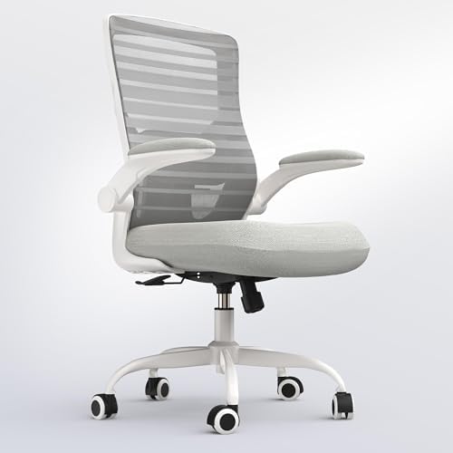 Office Chair for Long Hours & Lower Back Pain Relief 4" Molded Foam Cushion, Padded Lumbar Support, Flip-Up Armrests, Breathable Mesh Backrest, Ergonomic Design, Light Gray