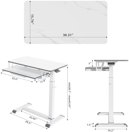 ETHU Height Adjustable Mobile Overbed Table with Keyboard Tray, Marble