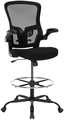 Ergonomic Drafting Chair – Tall Office Chair for Standing Desk, Adjustable Height Mesh Chair with Footrest and Flip-Up Arms, Counter Stool, Black