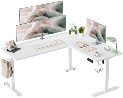 TIQLAB L Shaped Standing Desk Adjustable Height, Electric Corner Standing Desk, 63 x 55 inch Sit Stand Computer Table with Splice Board, White
