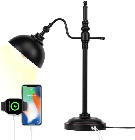 Industrial Desk Lamp - Black Metal Task Lamp with 2 USB Charging Ports,Vintage Farmhouse Style for Bedroom,Coffee,Dorm,Farmhouse Decor