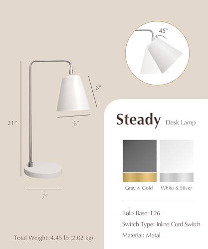 HarvestLand Steady Desk Lamp, Reading Lamp for Home Office, White Silver