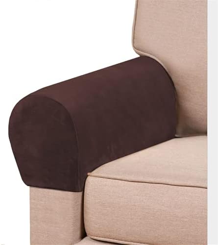 2 Pack Velvet Stretch Armrest Covers - Non Slip Sofa Chair Covers, Soft Elastic Arm Protectors for Living Room Couch, Office Chair, Recliner (Brown)