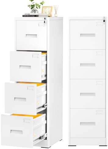 INTERGREAT 4 Drawers File Cabinet with Lock, 18" D Metal White Vertical Filing Cabinet for Hanging Folders, Easy Assemble