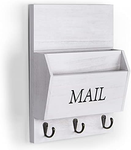 DLQuarts Solid Wood Mail Organizer with Key Holder for Wall, Mail Sorter Wall Mounted, Decorative Wooden Key and Mail Holder with 3 Hooks, Soft White
