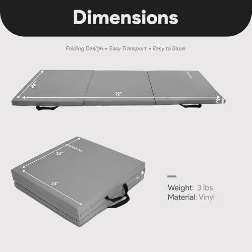 BalanceFrom 6x2 Feet 3-Panel Folding Gymnastics Mat – 2-Inch Thick Pad with Vinyl Surface and Carrying Handles for Tumbling, Yoga, Pilates, Home Workouts, and Martial Arts
