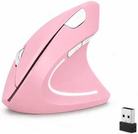 Ergonomic Vertical Wireless Mouse, 2.4G Optical Mouse with USB Receiver, 800-1600 DPI, Silent Click, Battery Powered, 5 Buttons, Stylish Comfortable Mouse for Laptop, PC, Mac, Computer (Pink)