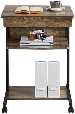 Yaheetech Tiny Mobile Computer Desk,3-Tier Rolling Cart Drawer,Taupe Wood