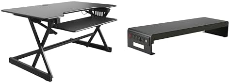 Rocelco 40" Height Adjustable Standing Desk Converter with AC Outlet USB Charger and Dual Monitor Stand - Tabletop Riser Computer Workstation - Sliding Keyboard Tray - Black (R DADRB-40-ACUSB-DMS)