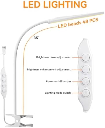 Eye-Caring Adjustable LED Reading Clamp Desk Lamp with 48 LEDs Flexible Neck, 3 Color Modes & 11 Brightness Levels for Office Bedroom Study (White)