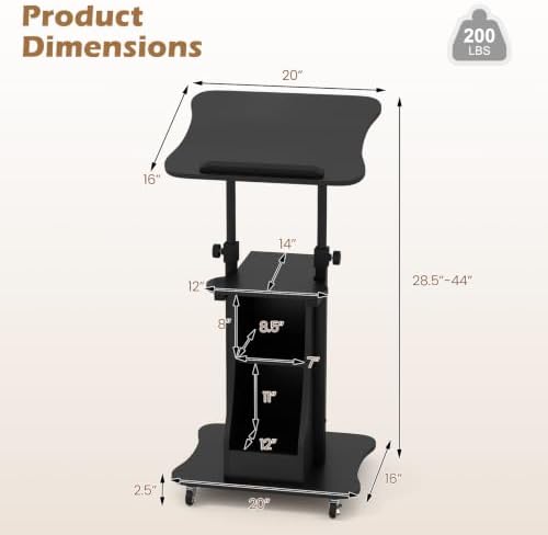 Tangkula Mobile Lectern Podium, Height Adjustable Podium Stand, Standing Sit-to-Stand Desk, Rolling Cart Laptop Desk with Swivel Top Movable Wheels & Storage