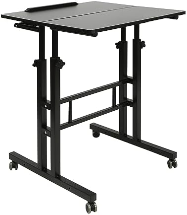 Small Standing Desk, Mobile Rolling Computer Desk, Portable Stand Up Desk with Wheels, Adjustable Height Sit Stand Home Office Desk, 23.6" L x 21.6" W (Black)