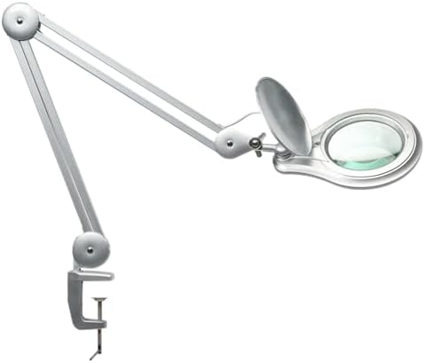 LED Magnifying Lamp with Clamp, 5 Inch Magnifier Glass Lens, Metal Swing Arm Dimming 1200 Lumens Lighted Magnifying Desk Lamp for Crafts, Bright 60PCS LEDs - 2.25X Magnification(Silver)