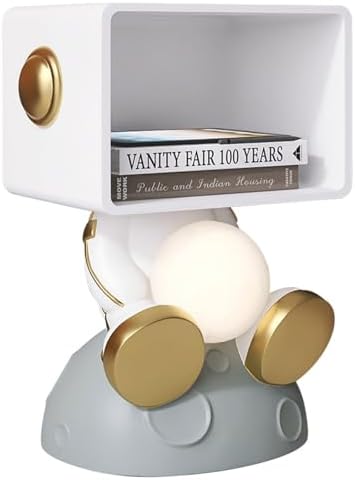 Astronaut Figurine Bedside Table with Storage, Unique Resin Astronaut Decor End Table Space Figurines Nightstand with Moon Lamp for Bedroom Living Room